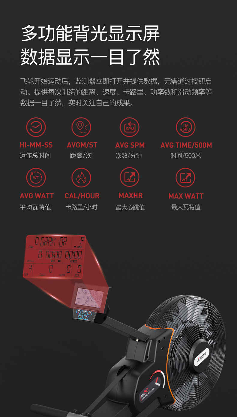 捷瑞特（JOROTO） 美国品牌划船机家用风阻磁控室内划船器可折叠运动健身器材MR80 风磁一体划船机(图15)